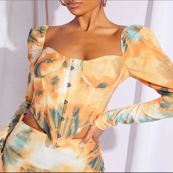 PrettyLittleThing Tops - NWT PrettyLittleThing Orange Tie Dye Long Sleeve Corset Top
